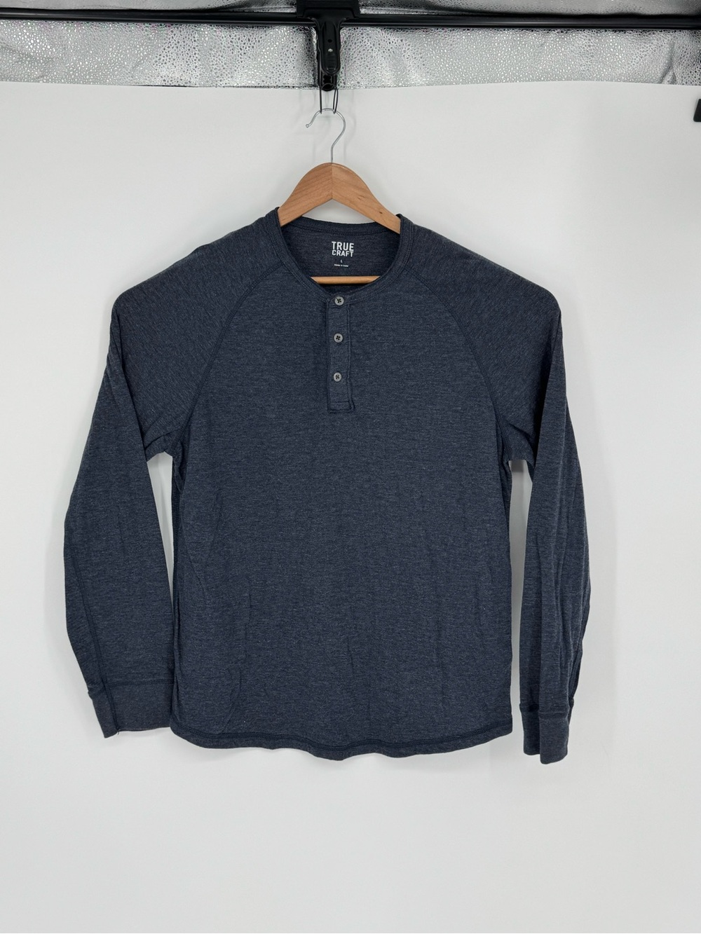 True Craft Henley Men’s Long Sleeves Blue/Gray 3 Button T-Shirt Cotton Blend H7
